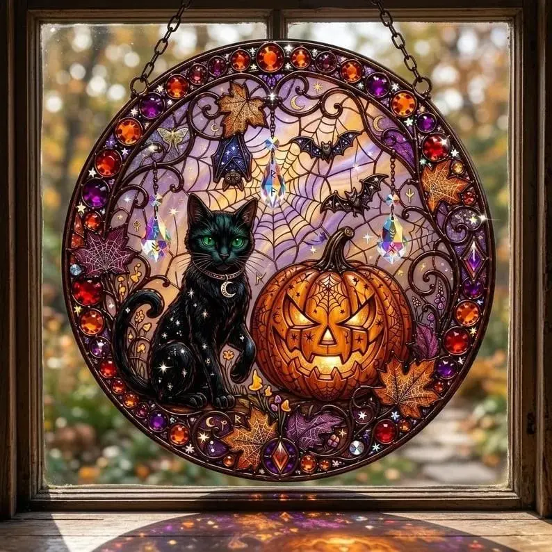 Gothic Black Cat Stained Glass Suncatcher, Halloween Pumpkin Window Hanging, Spooky Witchy Cat Autumn Window Decor