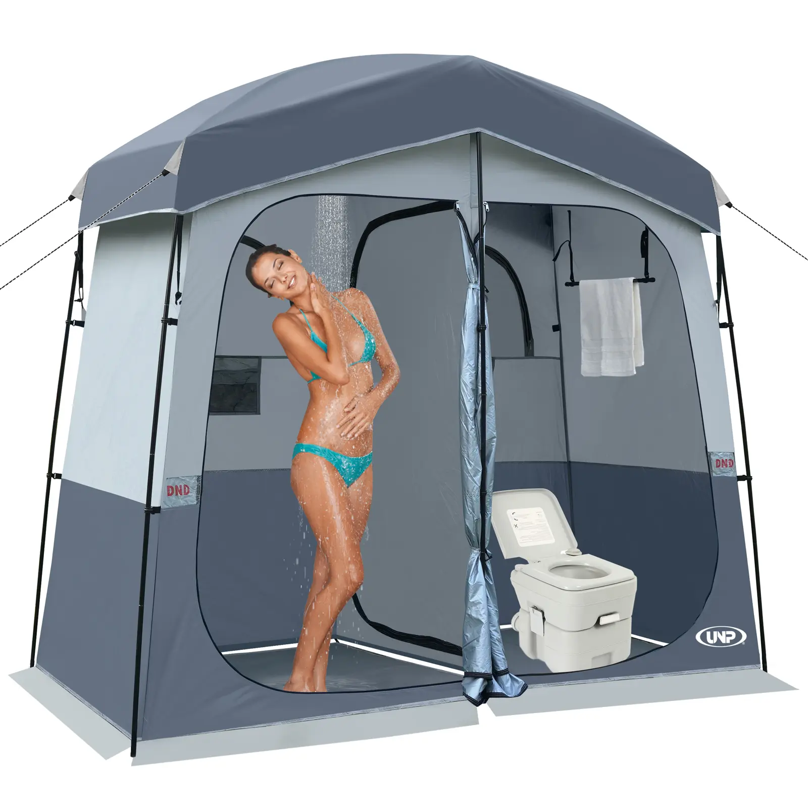 UNP 2-Room Pop-Up Camping Shower Tent with Towel Rod & Waterproof Bag – Lightweight Privacy Shelter for Portable Toilet, Changing Room (Beach Hiking Use)