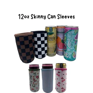 12oz Polyester Washable Reusable Can Sleeve - Drink Carrier, Stylish Designs (Checkered, Cherry, Stripes, Western) - Fits Slim & Regular 12oz Cans (Alani Nu, Bloom Energy Drinks, Beer) - Kitchenware Drinkware Accessory