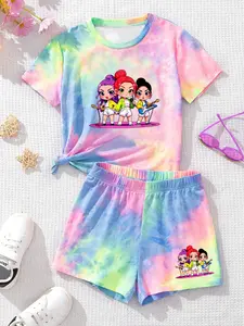 Girls' Trendy Music Theme Set, Rainbow Tie-Dye & Band Girl Print, Summer Fashion Two-Piece, Loose-Fitting Boho Style