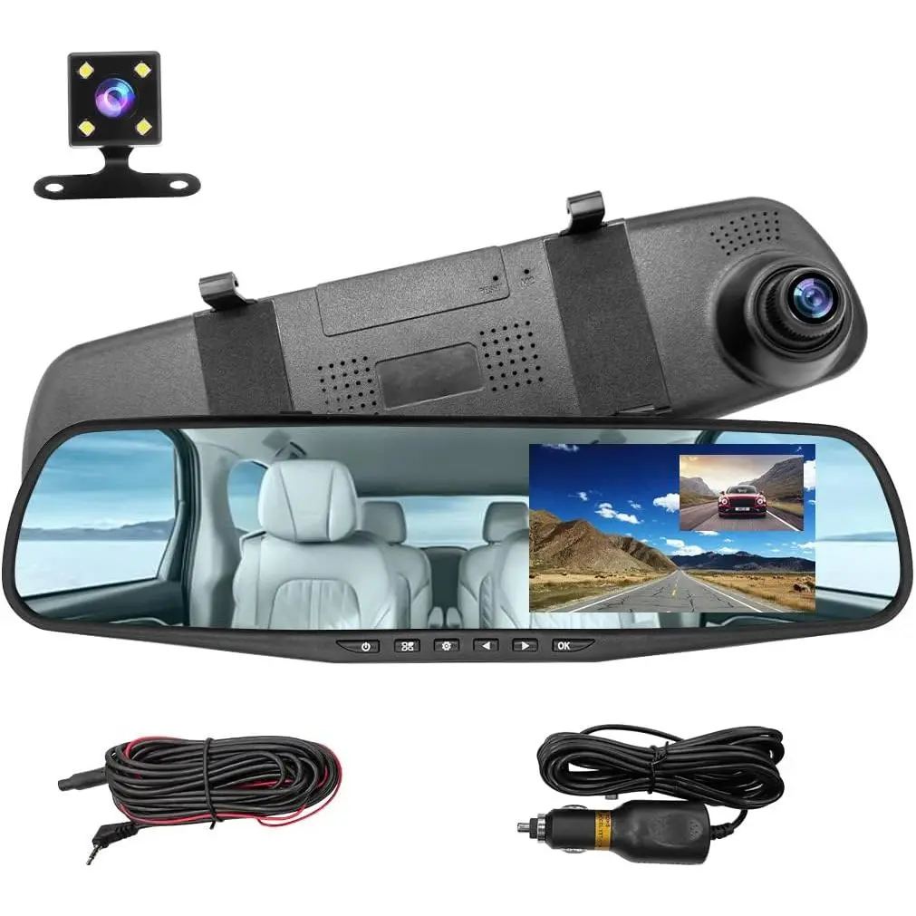 4.3 in Car Smart Rearview Mirror Dashcam with Dual Cameras, 1080P HD 170° Front & 140° Rear Wide Angle Waterproof Backup Camera, Night Vision, Parking Assistance, Loop Record, 1.08 lbs