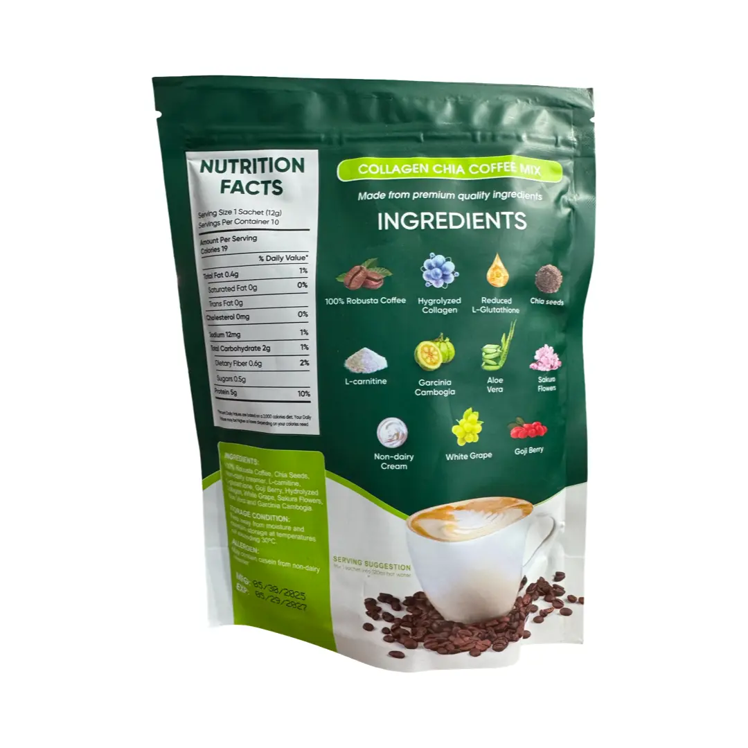 coffee with glutathione and collagen FITGUM 20x Collagen Chia Coffee 11-in-1 Glutathione & Collagen, 10 Sachets  x 19g