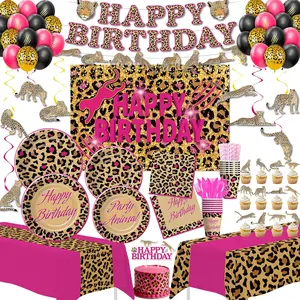 Leopard Print Birthday Party Decorations, Pink and Gold Cheetah Theme Party Supplies, Paper Plate, Cup, Napkin, Tablecloth, Background, Banner, Balloon, Ca