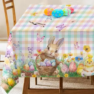 Easter tablecloth 60x84 inch rectangle easter decorations for the home bunny and eggs table cloth spring easter tablecloths cover oblong polyester vintage buffalo plaid for picnic party dinner