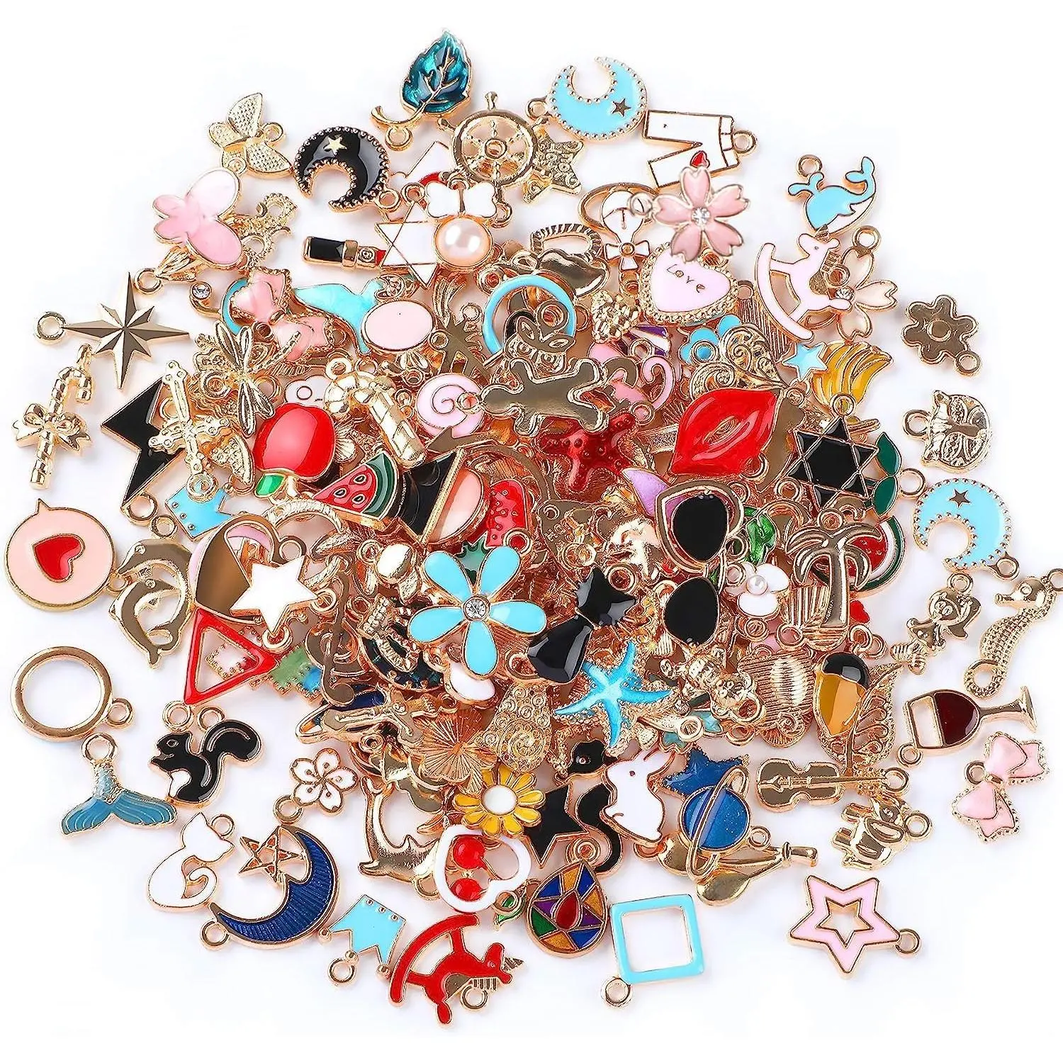 X-BY125 Unisex 220Pcs Gold-Plated Enamel Charms - Kawaii Pendants, Print Design, Peppy Look, DIY Jewelry Supplies & Decoration for Key Chains, Bracelet & Necklace Making, Diy Jewelry Decoration, Jewellery Pendant, Kawaii Pendents, Unique Shapes, Zinc Allo