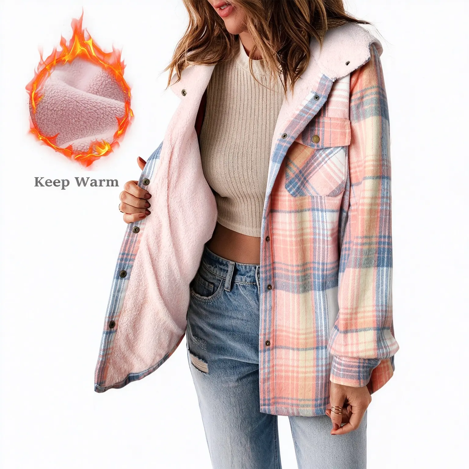 Asvivid Women's Hooded Plaid Shacket Sherpa Lined Button Down Jacket Long Sleeve Warm Coat Outerwear Casual Fall Winter Womenswear Outfits #sohochic