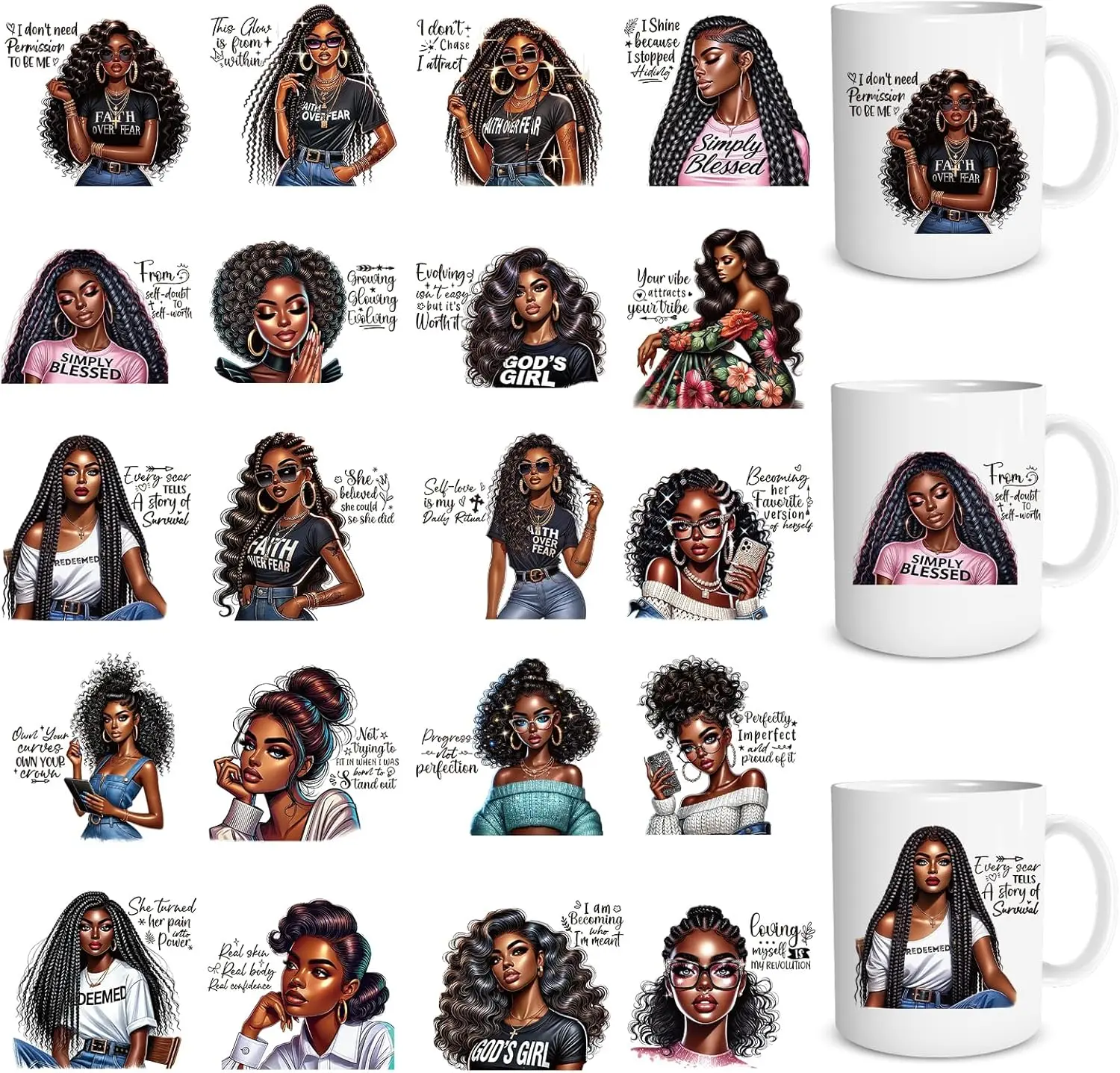 Black Women UV DTF Stickers - 20 count   Women UV DTF Cup Wraps for 16 oz Inspirational  UVDTF Transfer Stickers Rub on  for Glasses Cups Mug DIY Crafts
