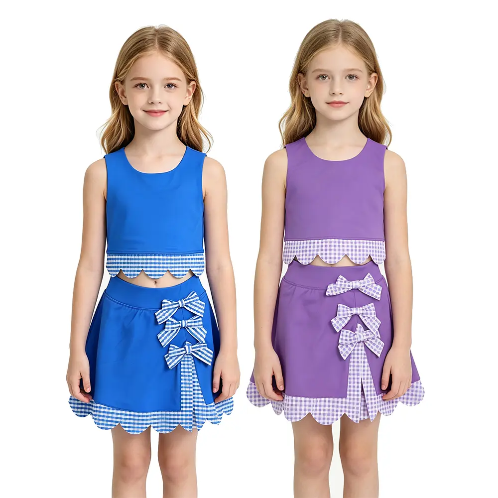 Girls Gingham Bow Two Piece Outfit, Sleeveless Scalloped Crop Top & Skort Set, Toddler Girl Summer Plaid Trim Matching Set