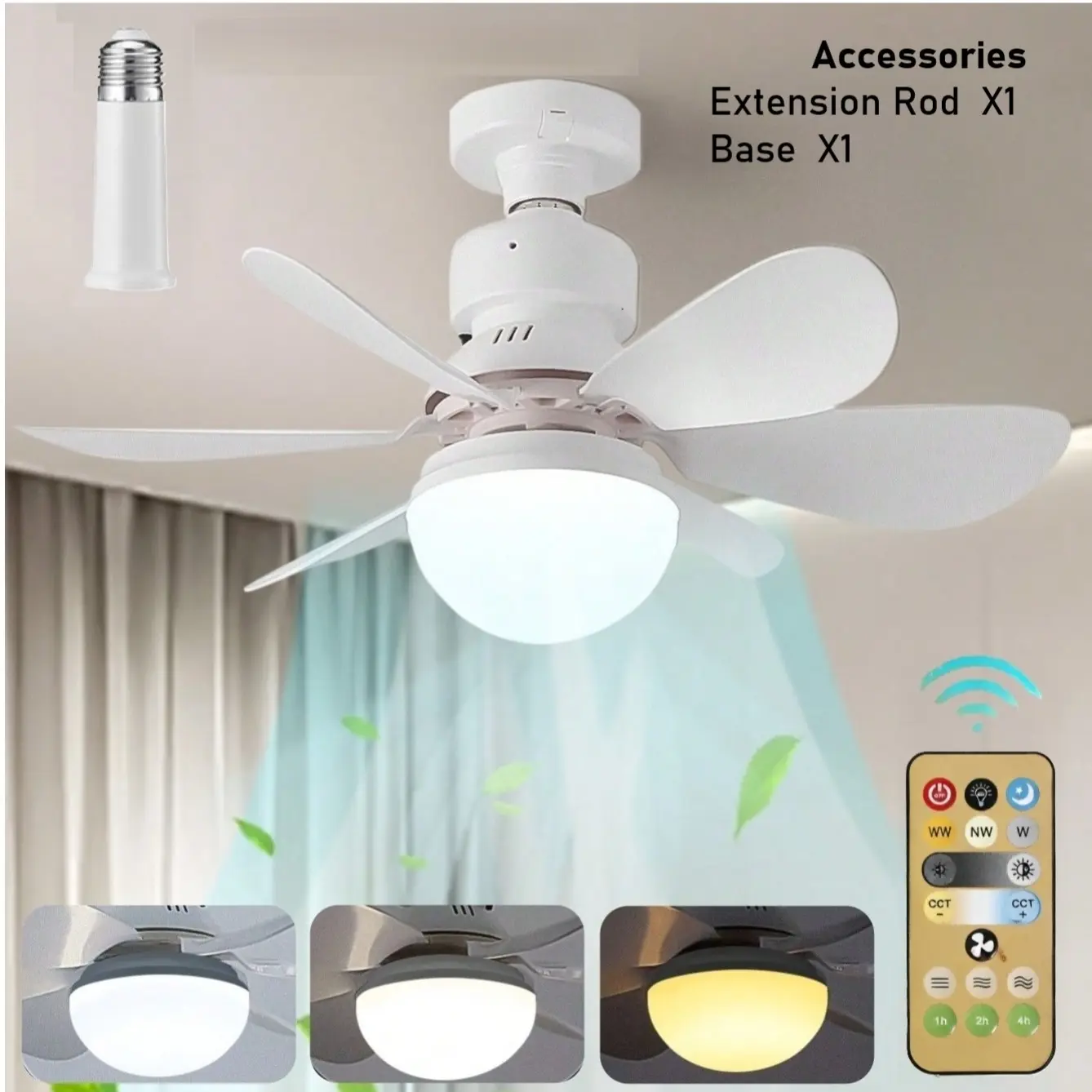 Smart Ceiling Fan Light with IR Remote, LED Home Lighting, 3 Speeds, 3 Color Temperatures, E27 Base, Tool-Free Installation, for Bedroom, Living Room, Kitchen & Garage