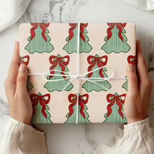 Coquette Christmas Tree Wrapping Paper, Traditional Christmas Bow Gift Wrap, Festive Holiday Wrapping Paper Roll for Her