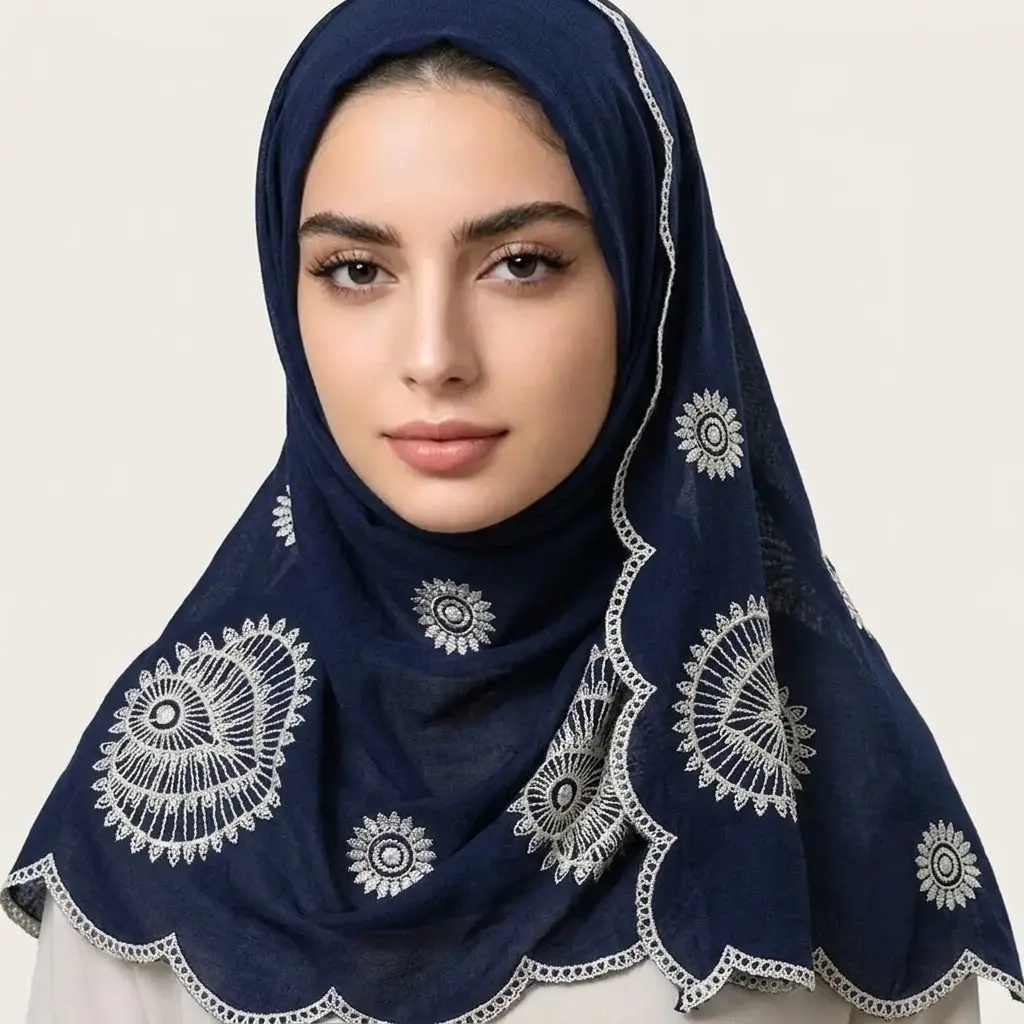 1pc Premium Embroidery Hijab Scarf • Luxury Lace Trim Long Shawl & Wrap for Women