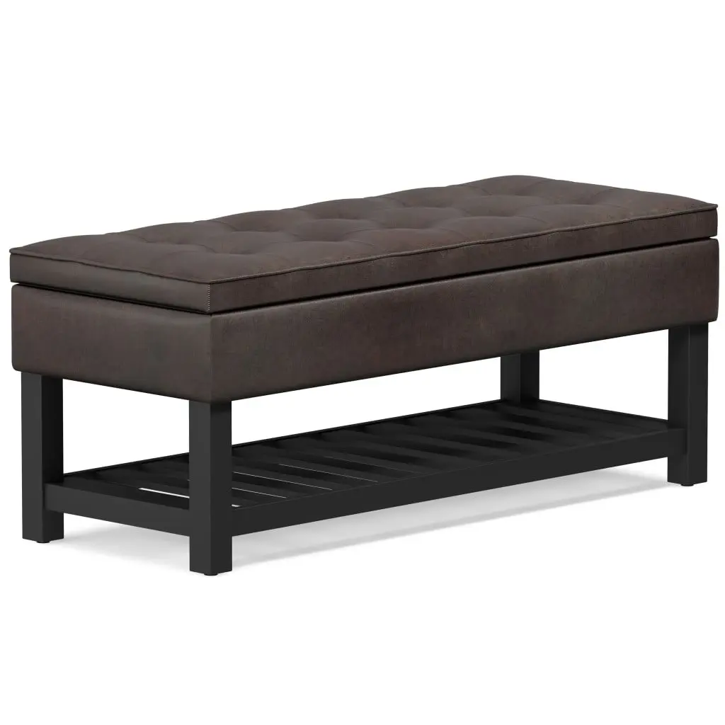 HomeRoots 641819 Armless Rustic Pine Upholstered Leather Rectangular Storage Footstool - Cushioned Stool, Upholstered Stool, Purposeful Distressed Finish, 19.30x43.50x17 in, 44 In., Brown & Dark Brown, Assembly Required, Indoor Rest Ottoman