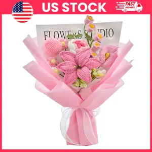 Mother’s Day Crochet Flower Bouquet Handmade Forever Flowers Gift for Mom Pink Lily Tulip Rose Lily of the Valley Calla Lily Knitted Flower Arrangement with Gift Card Birthday Graduation Gift Decorative Home Flowers Gift for Her