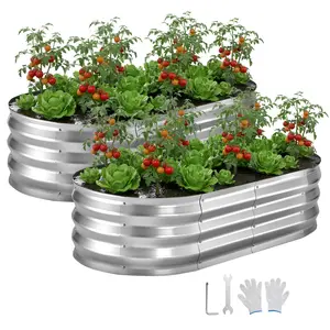 VEVOR 2 Pack Galvanized Raised Garden Beds, 4 x 2 x 1 ft, Oval Metal Planter Boxes Kit Outdoor, Bottomless Elevated Garden Box with Gloves, Alu-Zinc, for Planting Flowers Fruits Vegetables, Silver