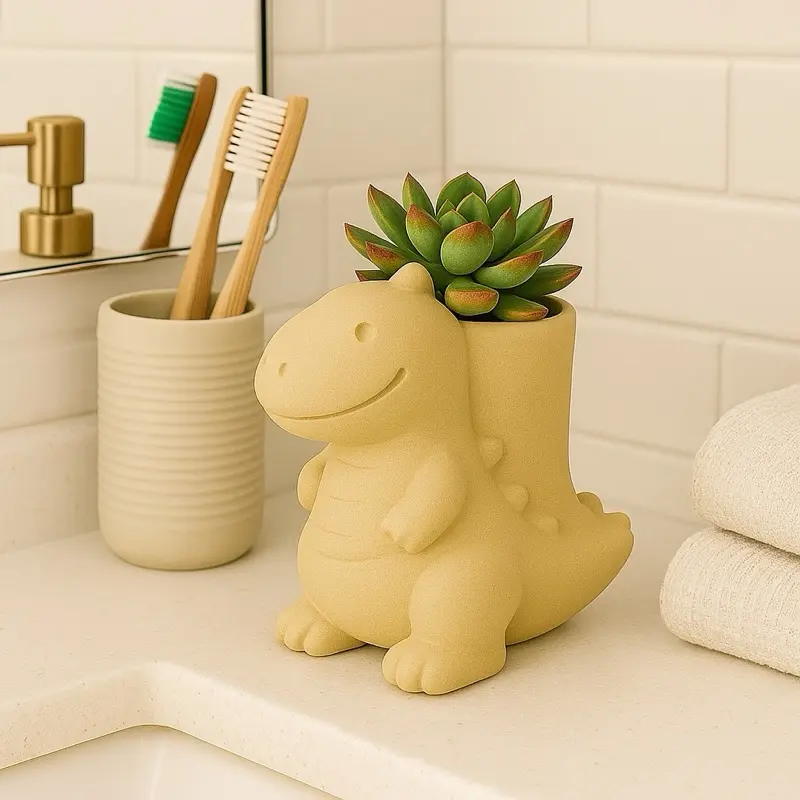 Cute Dino Succulent Planter 3D Printed Mini Dinosaur Pot 4 Inch Yellow Color for Home Decor