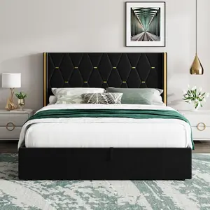 Storage Bed Frame – Features: Queen or Full Size, Upholstered Wingback Headboard, Hydraulic Lift Mechanism, Strong Wood Slats – No Box Spring Needed – Easy Assembly – Modern Bedroom Furniture