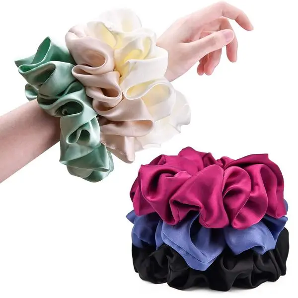 Big Real Silk Scrunchies for Women Extra Large Scrunchie Satin Oversized Silk Scrunchy for Thick Hair Elastic Hair Ties Jumbo Hair Scrunchies 6 Pack (black,white,mulberry,champagne,blue,green)