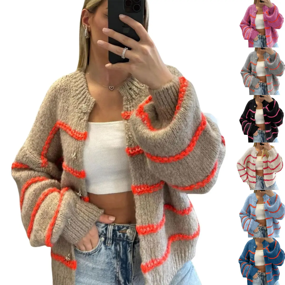 Yeokou Women's Striped Knit Cardigan, Cute Oversized Sweater with Long Lantern Sleeves and Button-Down Crew Neck, Sweaters, Knitwear, Baggy, Chinese New Year, Casual Chic, Basics, Loose Fit, Nylon, Drop Shoulder, Colorblock, Plus Size, Contrasting Colors