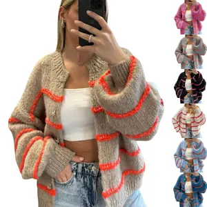 Yeokou Womens Striped Cardigan Sweaters Casual Open Front Long Sleeve Button Down Knit Outwear