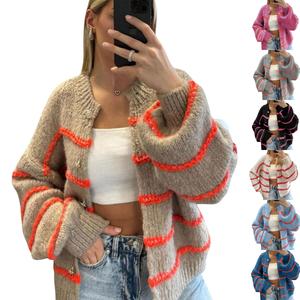 Yeokou Women's Oversized Striped Knit Cardigan Sweaters - Plus Size Long-Sleeve Button-Down Open-Front Casual Women's Knitwear Tops Outwear