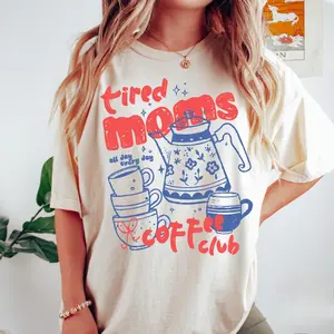 Comfort Colors Tired Moms Coffee Club T-Shirt, Funny Retro Coffee Lover Graphic Tee, Mom Life T Shirt, Vintage Preppy Espresso Shirt - HARSIN