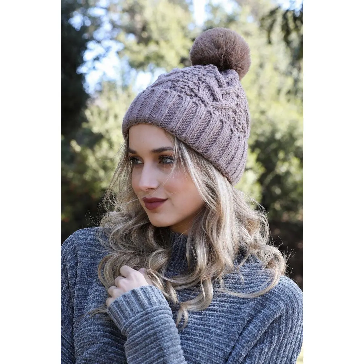 Unisex Chunky Knit Acrylic Yarn Cable Pom Pom Beanie - Soft Fabric, Foldable, Daily Wear, Ideal for Layering, Hand Wash Only