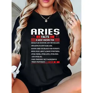Women's Aries Zodiac Facts T-Shirt, Funny Aries Traits (Human Lie Detector, Sarcasm) Graphic Tee with Bow Accents, Casual Daily Wear for Aries Women, Ideal Gift for Horoscope Enthusiasts, Black