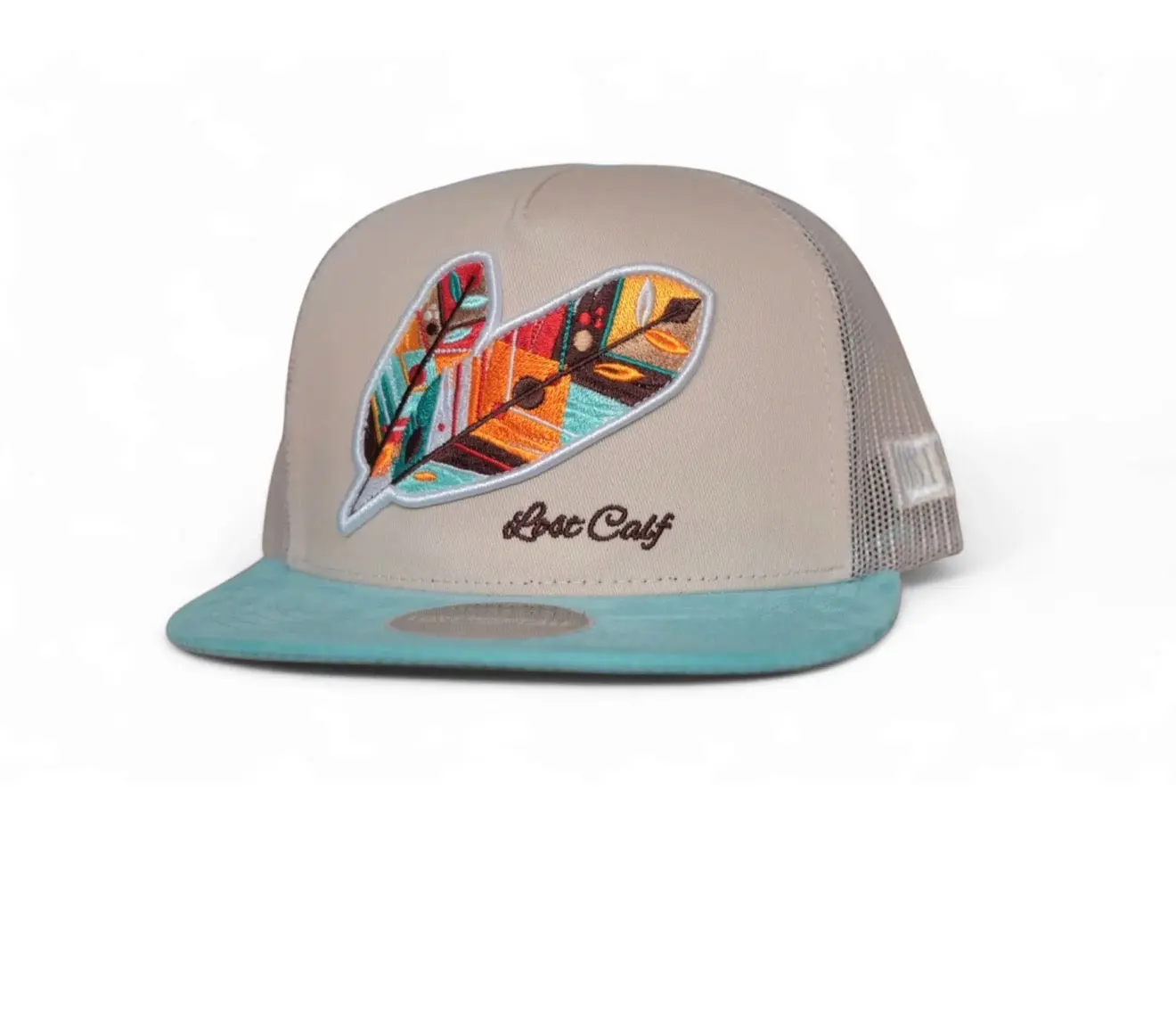 LOST CALF BEIGE-BLUE FEATHER CAP