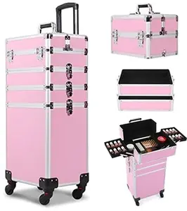 4 in 1 Makeup Train Case Rolling Cosmetic Trolley Large Capacity Travel Organizer with Key 360°Swivel Wheels for Beauticians Hairstylists Nail Tech Students, Pink
