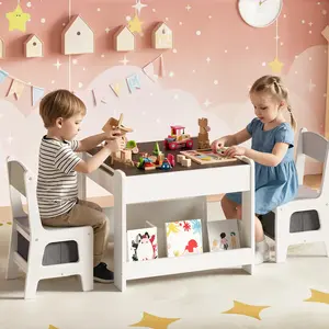 HOOBRO 4-in-1 Kids Table & 2 Seats Set, Mother's Day Gift with Double-Sided Dual Boards, Removable Chalkboard-Dry-Erase Panel, MDF Panels, Side Racks, Fabric Bins, Quick Setup for Home, Playroom (White/Gray/Black), Two Seats