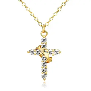 Crown Cross Necklace for Women, Crown Cross Pendant Necklace Simple Diamond Gold Necklaces Faith Cross Jewelry,Gift for Girlfriend/Wife