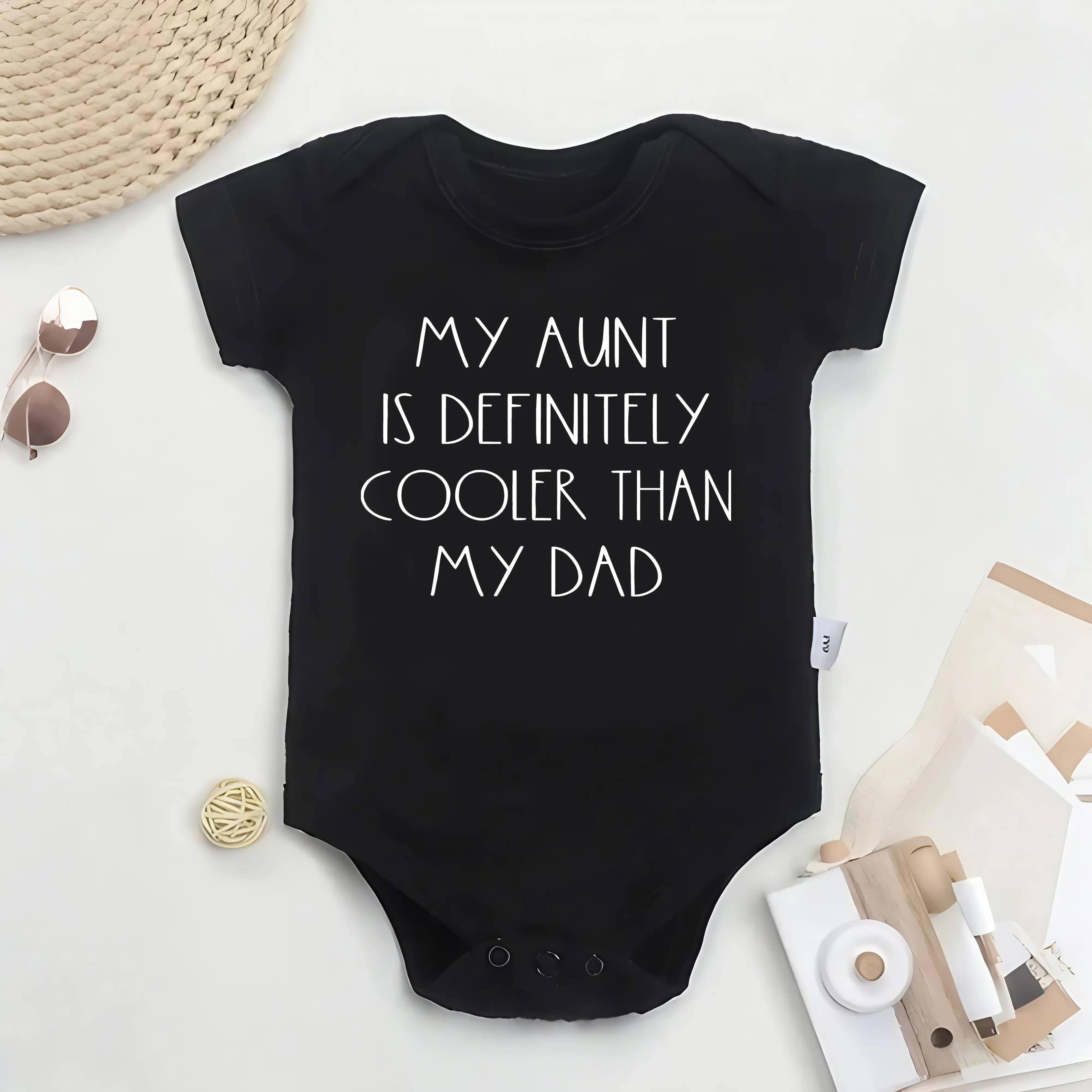 Cotton Youngsters Onesie - "My Aunt is Definitely Cooler Than My Dad" Funny Letter Print, Soft & Comfortable Round Neck Summer Bodysuit