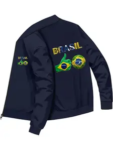 Casual Sports Style Men's Brazil Text National Flag Pattern Bomber Jacket for Daily Wear and Outdoor Activities