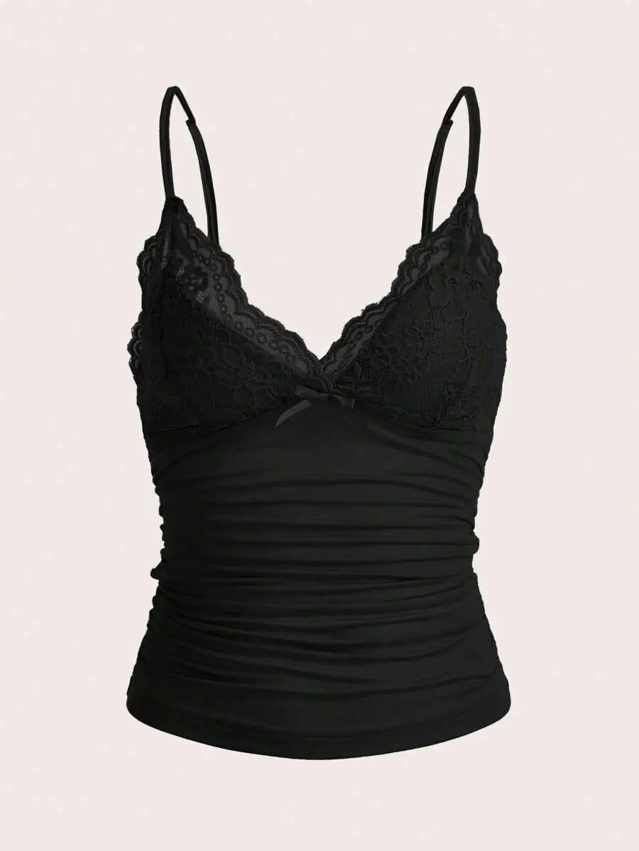 Women's Lace Cami Top - Ruched Contrast Trim Spaghetti Strap Black Tank for Night Out