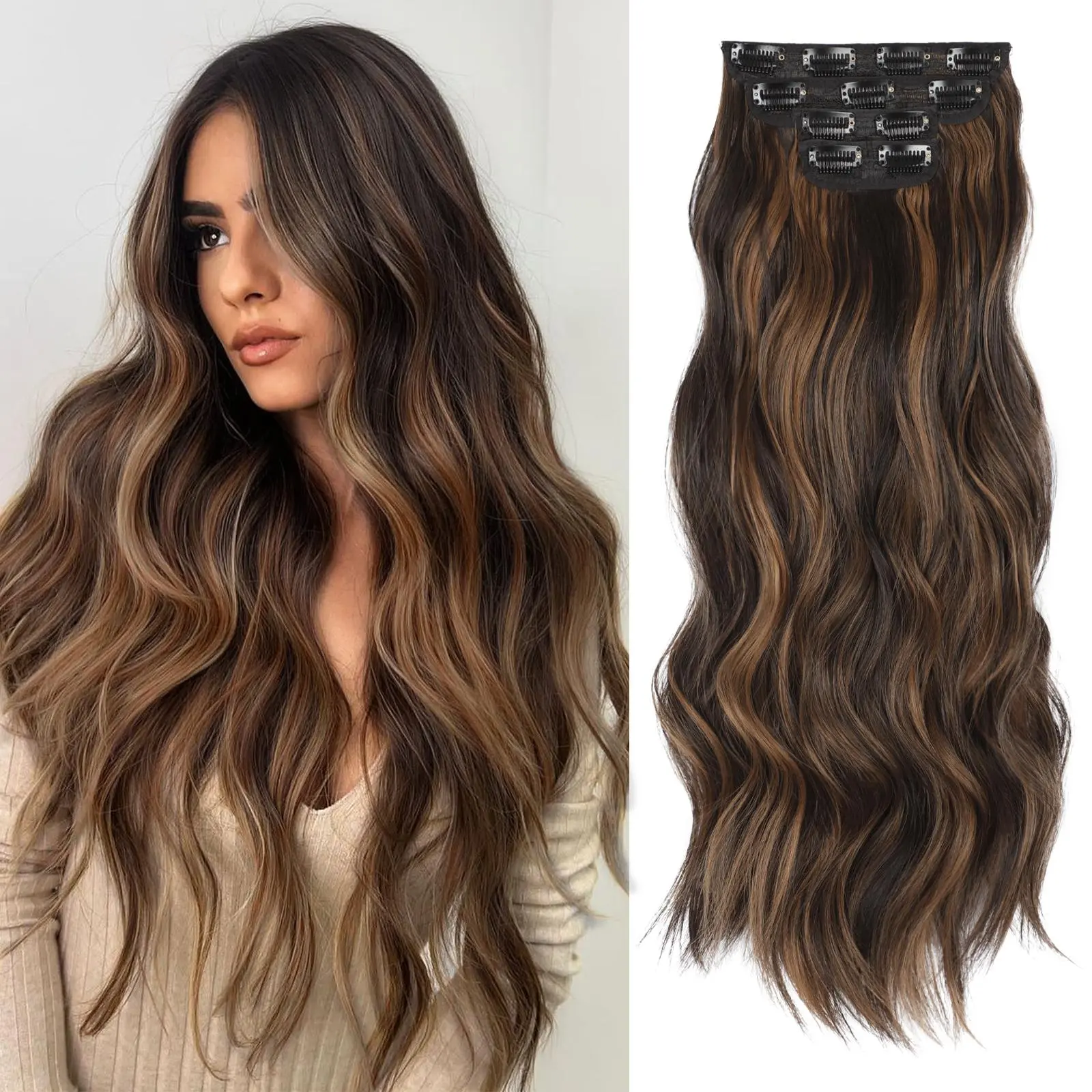 AliLeader 24 Inch Long Wavy Clip in Hair Extensions, Synthetic Hairpiece in Mixed Brown Color for Women, Instant Length for Daily & Party Wear