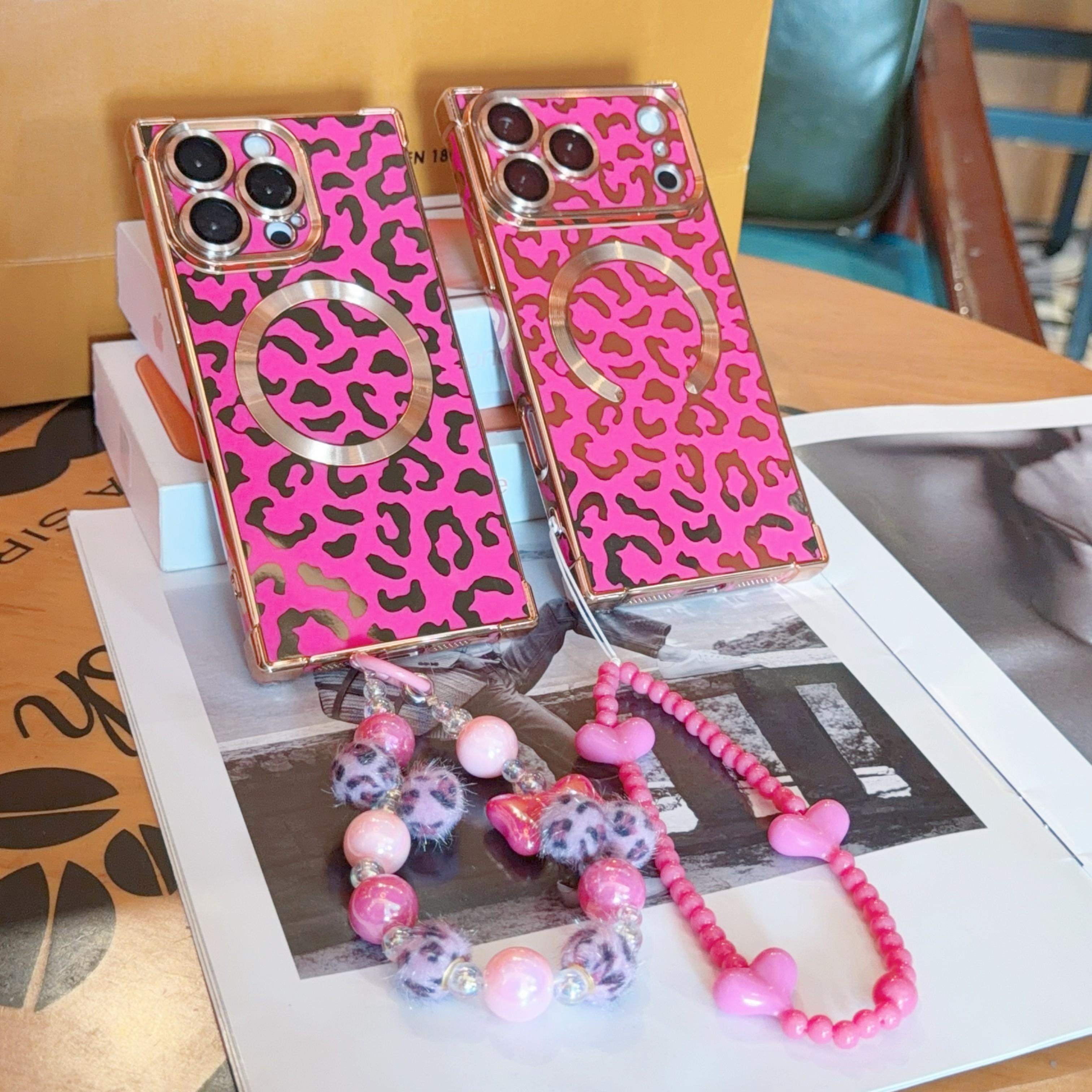 Women's Luxury Leopard Print Glossy Square Phone Case 4-Piece Set - MagSafe Compatible, Drop-Resistant, Durable - with Matching Bead Decoration, Lanyard, Heart-Shaped Bracelet - for iPhone 17/16/15/14/13 Pro Max Mobile Device Accessory