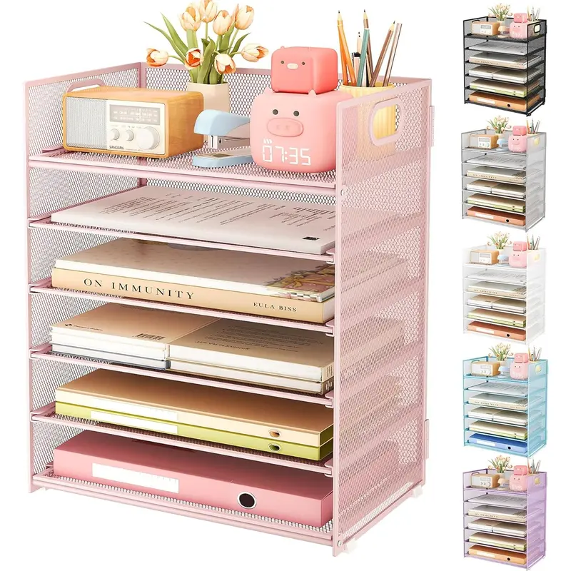 6 Tier Office File Paper Desk Tray Organizer with Handle, Stackable Slide Mesh Letter Tray Folder Pink Desk Organizer, Desktop Document Sorter for Classroom, Office, Home Supplies Storage