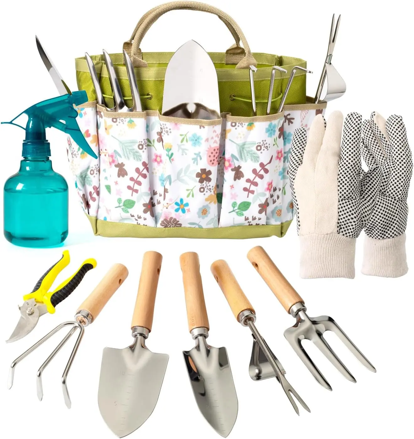 Bamworld 9-Piece Heavy-Duty Rust-Proof Stainless Steel Garden Tool Kit - Multi-Task Outdoor Set with Rake, Handle, Organizer, Manual Weed Removal Tool & Practical Plant Care & Support Accessories - Ideal Adult Gardening Gift