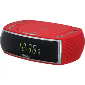 Jensen JCR-322R Modern Home Tabletop Digital Alarm Clock with AM/FM Radio, CD Player, and Digital Display Decor in Red