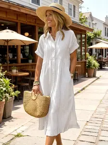 Women's Loose Midi Striped Shirt Dress Bohemian Side Slit Dress with Pockets Office Casual Outfit sundress Summer Breathable bounce dress