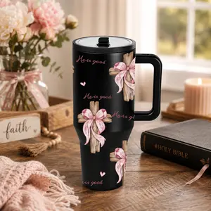 1 Pc 40oz faith cross pink bow He Is Good insulated mug, double wall, leak proof, large handle thermal cup for hot cold drinks, keeps hot 12 hours and cold 24 hours, black inspirational print gift for women men, Easter, office gym travel daily use