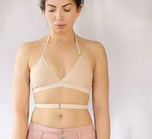 Open Back Bra. Backless Halter Bralette Beige