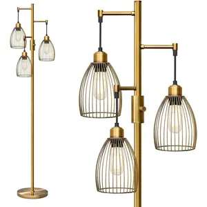Dimmable Floor Lamp, Industrial Floor Lamps for Living Room, Antique Brass Tree Lamp Standing Lamp Tall Lamps with 3 Elegant Teardrop Cage  & 800 Lumens LED Bulbs for Living Room Bedroom Office