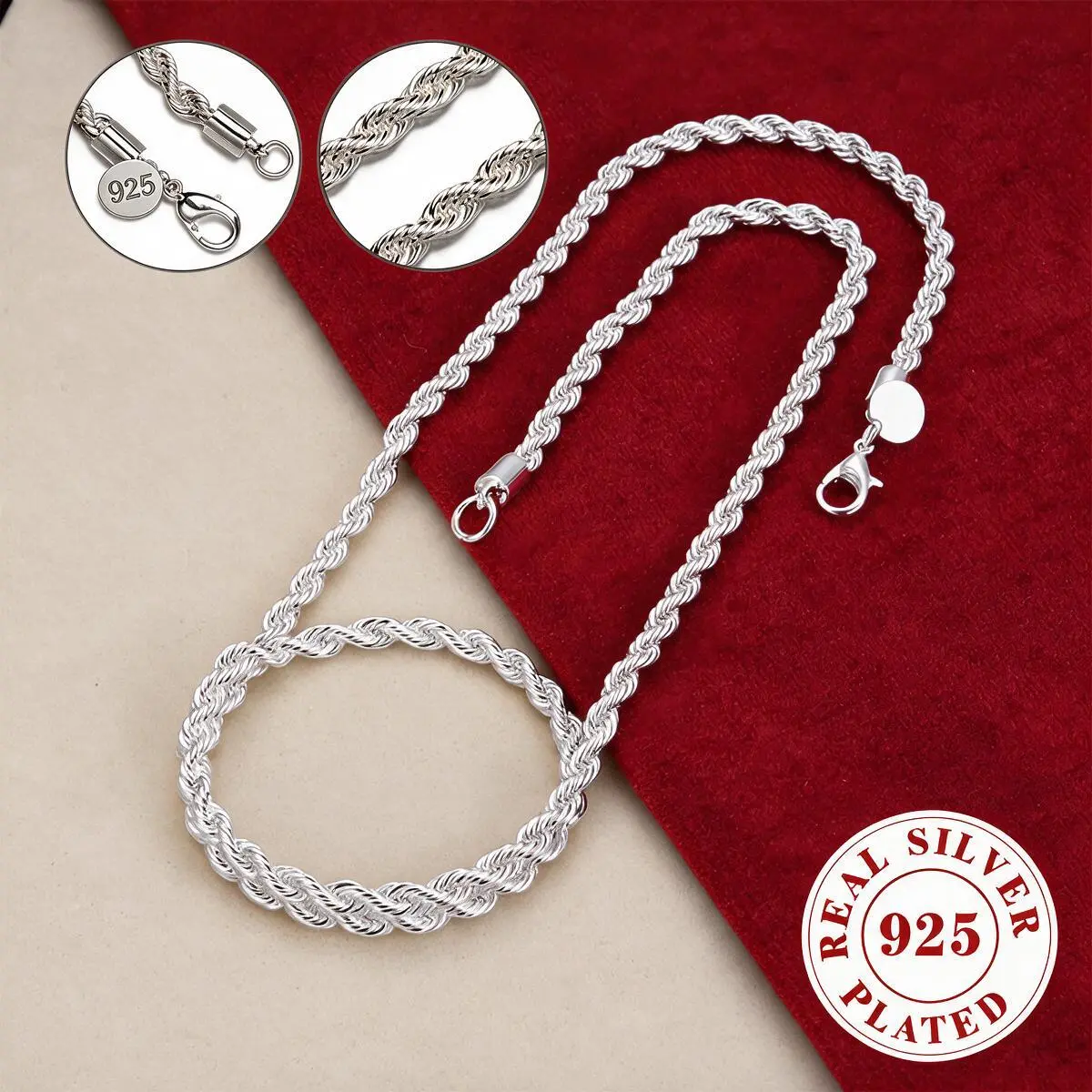 925 Silver Plated 4mm Twisted Rope Chain Necklace for Men & Women, Lobster Clasp, 19.7/23.6 Inches Optional, Hypoallergenic Tarnish-Proof Durable Unisex Hip Hop Daily Fashion Jewelry Gift