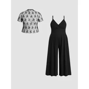 Cider Women's Lace-Trimmed Wide-Leg Jumpsuit with Deep V-Neck & Shirred Waist, Stretch Party Jumpsuit for Club Outfits, Evening Occasion Dresses and Night Out Elegance,