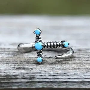 GTHIC Bent Sword Stainless Steel Gothic Open Ring for Men Women Fahion Gemstone Jewelry Daily Wear