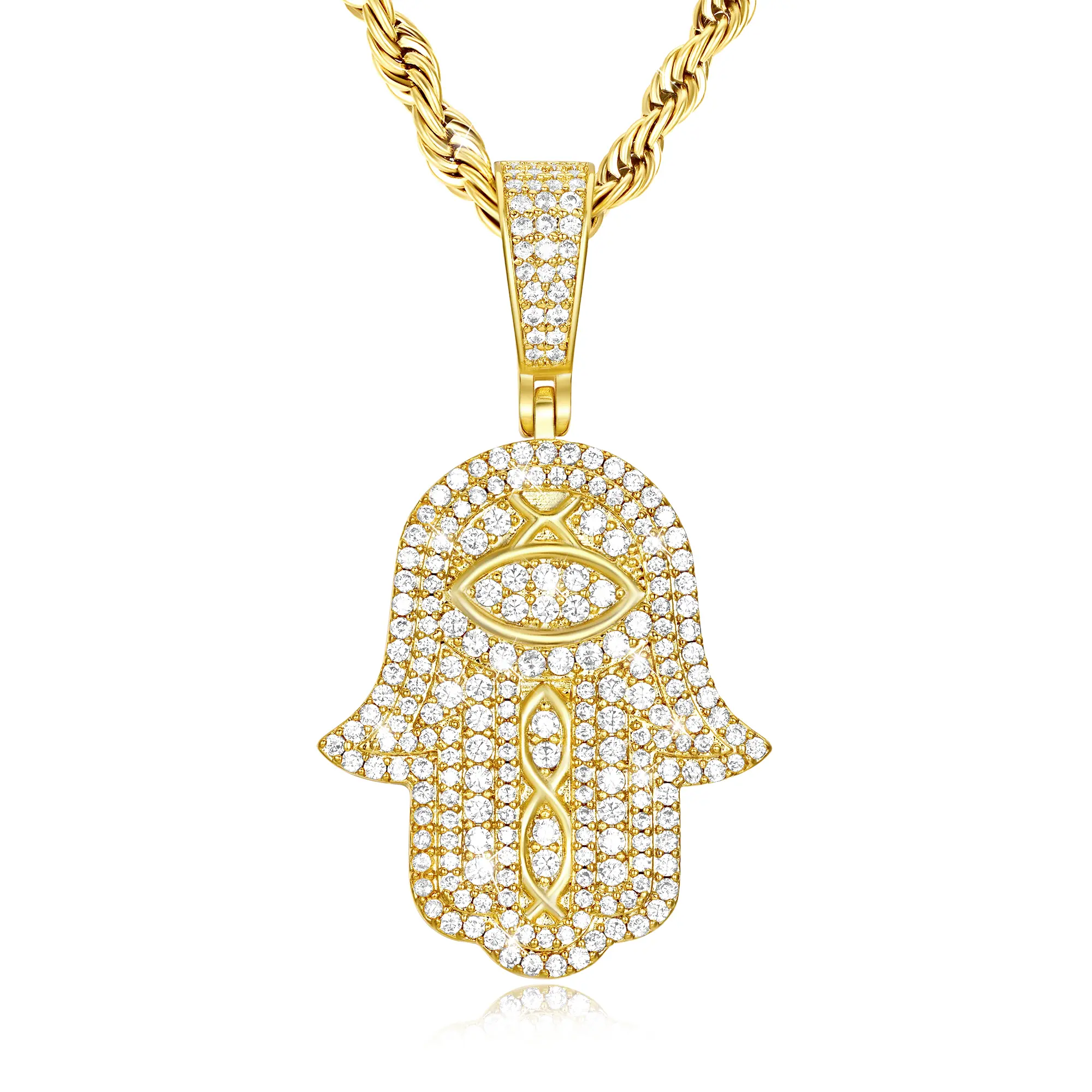 TRIPOD JEWELRY Real Iced Out Hamsa Hand Necklace, Evil Eye Pendant - 18K Gold Plated Brass Hip Hop Jewelry for Men Women - Full Cubic Zirconia, 24 Inch Chain