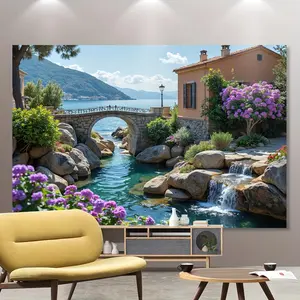 1pc Italian-Style Seascape Backdrop - Vibrant Coastal Scene with Stone Bridge, Lush Gardens, and Mediterranean House - Perfect for Birthday Parties, Photo Studios, and Outdoor Decor - Polyester