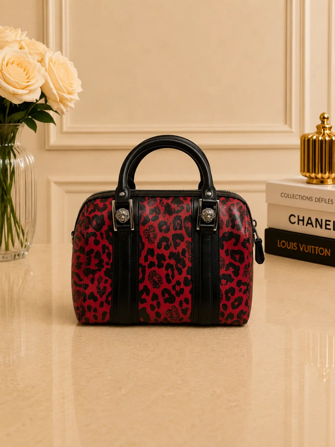 Pre-owned VERSACE - Shoulder bags Medusa Leopard Boston Bag — Canvas + Leather, Red/Black Leopard, Silver Hardware, Pre Owned