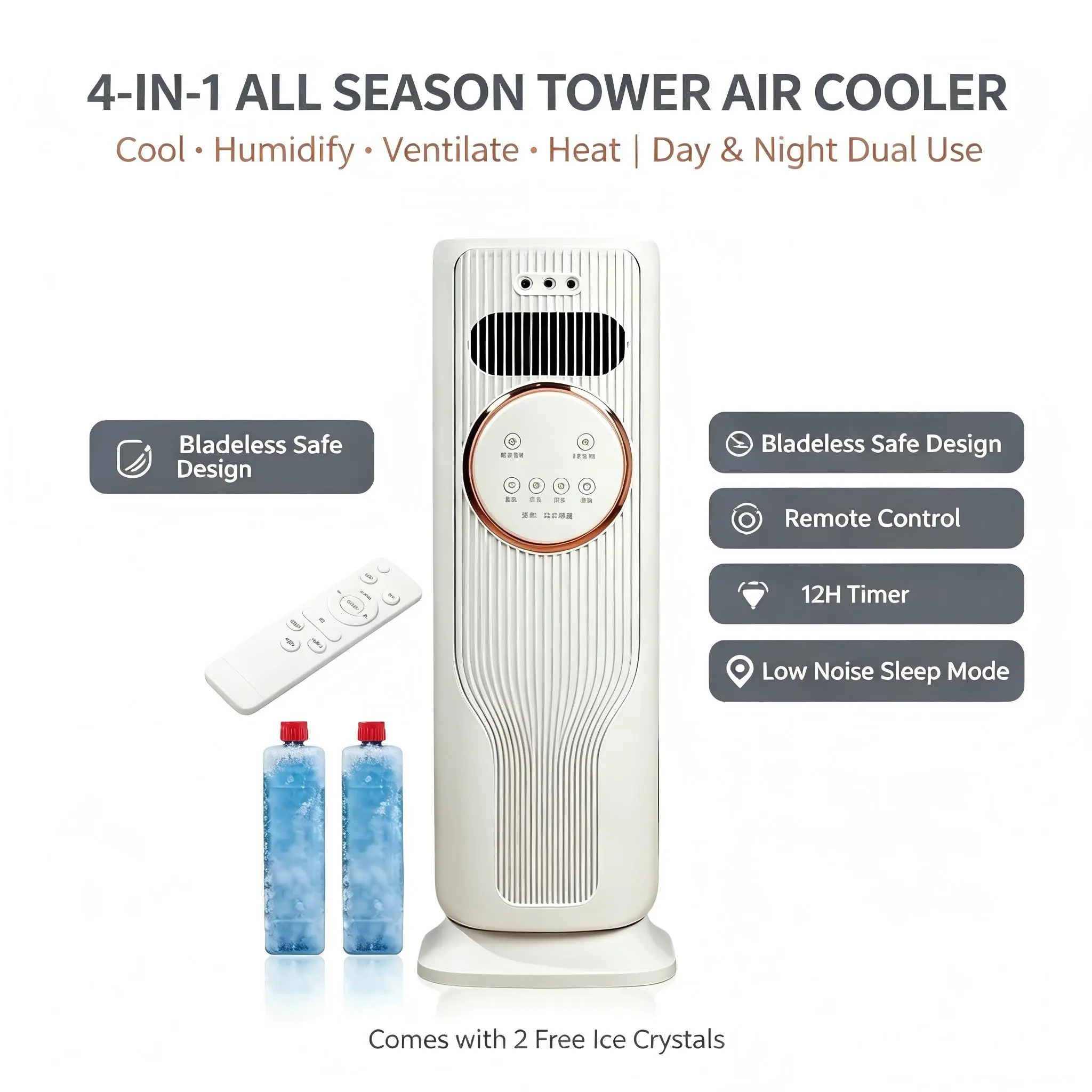 All Season 4 In 1 Ice Crystal Bladeless Cooler Portable Dual Cool Warm Fan With Air Purifier Humidifier Atomizer Space Saving Desktop Fan For Home Office Dorm